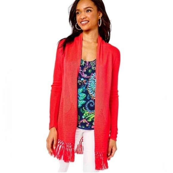 NWT Lilly Pulitzer Tatum Long Fringe Hem Cardigan SZ S Ruby Red Metallic - Picture 5 of 16